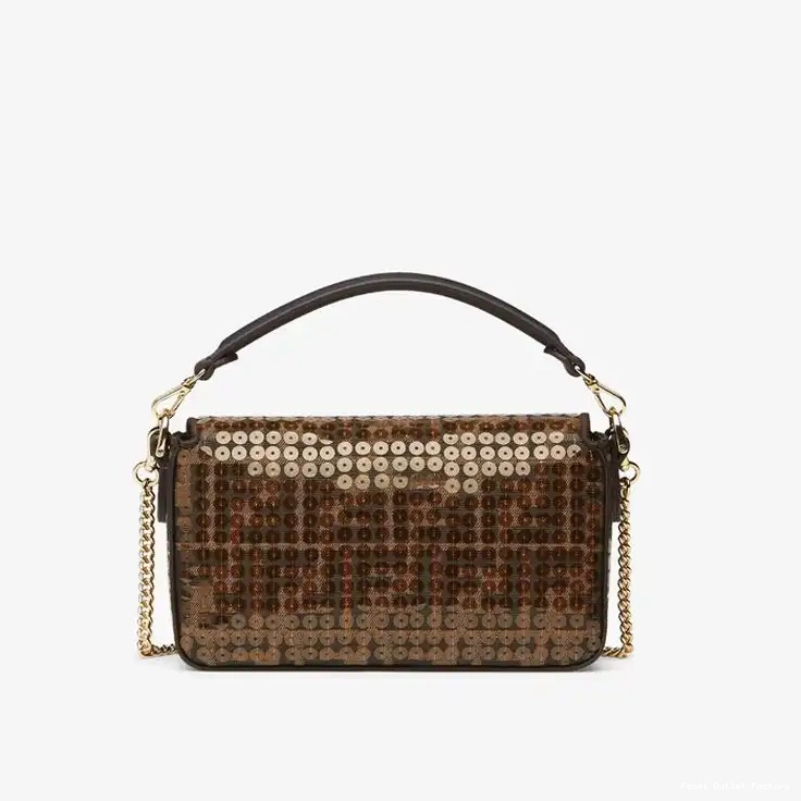 Vintage HOT In Motif FF Mini Bag Fabric Sequins Fendi with Baguette Brown 0513